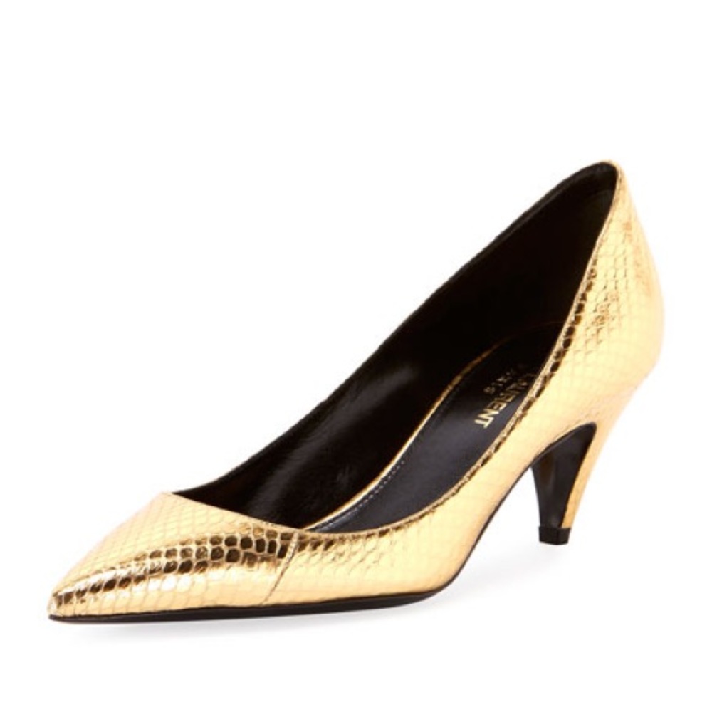 Charlotte Kitten-Heel Snakeskin Pumps in Gold